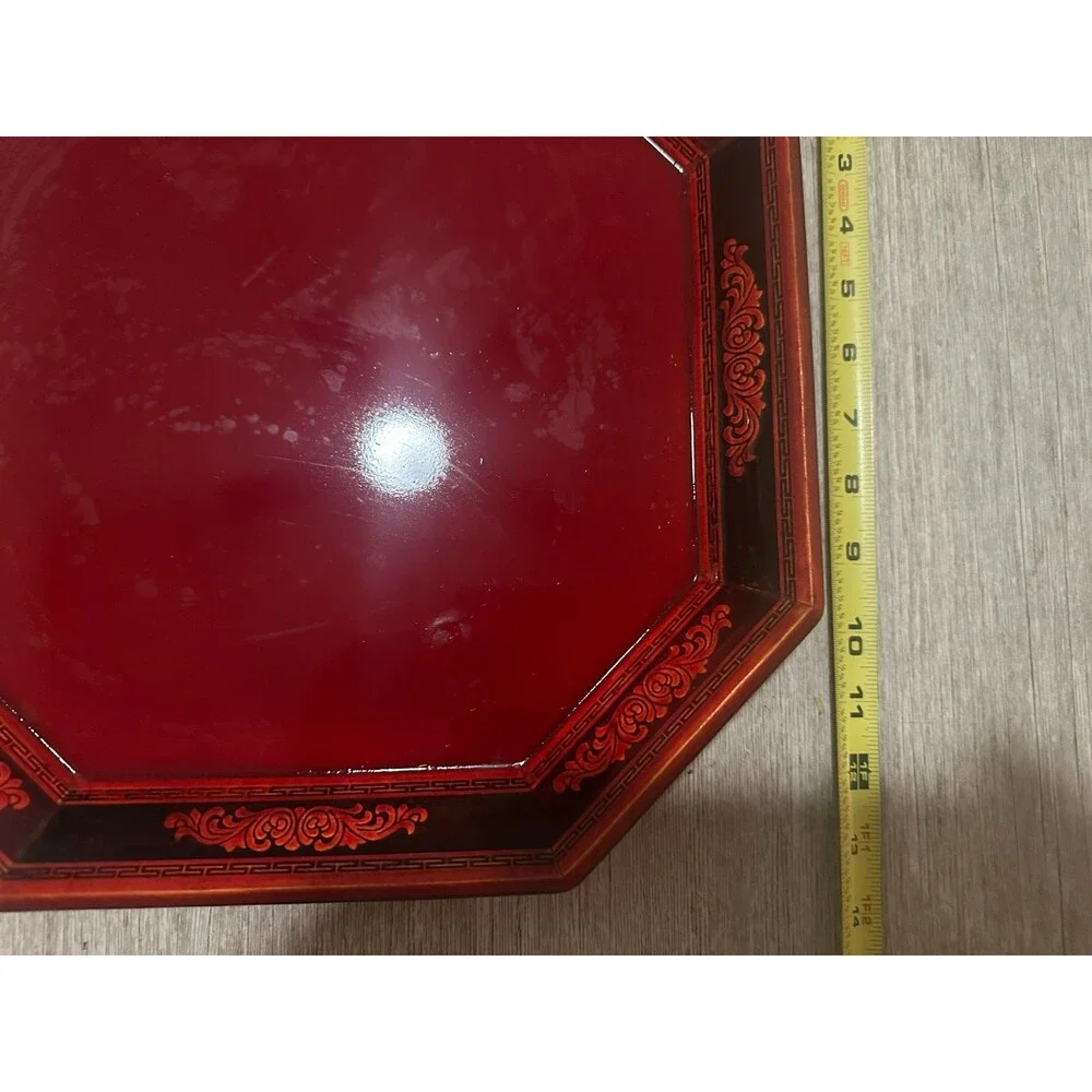 Vintage Korea Red Lacquer Ware Wood Tray Octagonal
